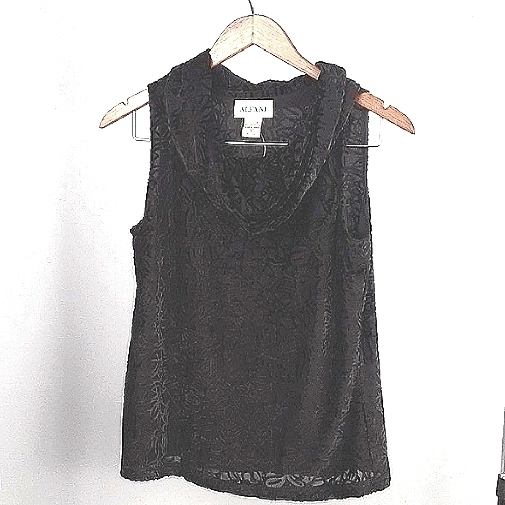 Alfani Sheer Floral Burnout Cowl Neck Sleeveless Black Top